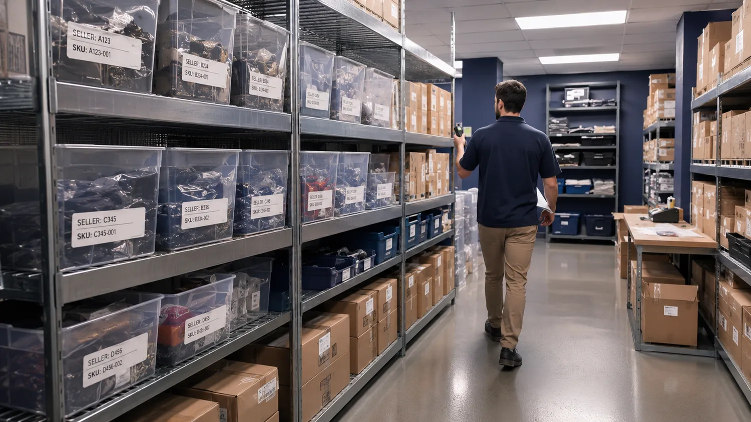 Organised inventory bins in the Shiplo warehouse